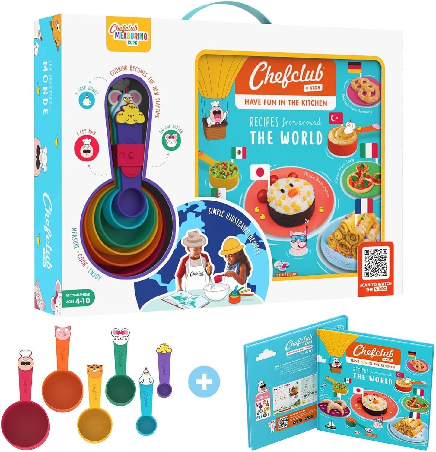 Chefclub Kids - Pack "Recipes Around the World" - Recipe Book and Chefclub Measuring Cups - Children Cookbook