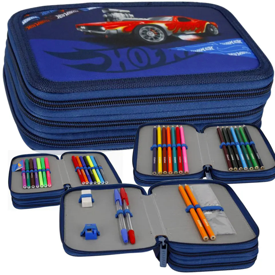 Pencil Case 3 Zippers With Accessories Hot Wheels